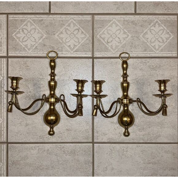 VINTAGE PAIR OF SOLID BRASS GEORGIAN STYLE SCONCES 13in. Made In India - Picture 1 of 16